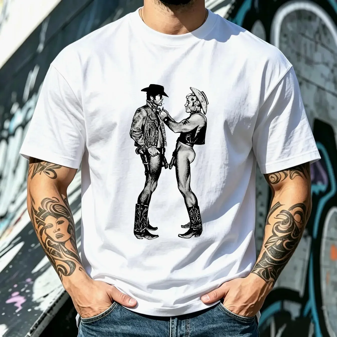 washed T Shirt GAY COWBOY TOM OF FINLAND MALE BOYFRIEND LEATHER VEST HAT JACKET 3248 long or short sleeves vintage Washed