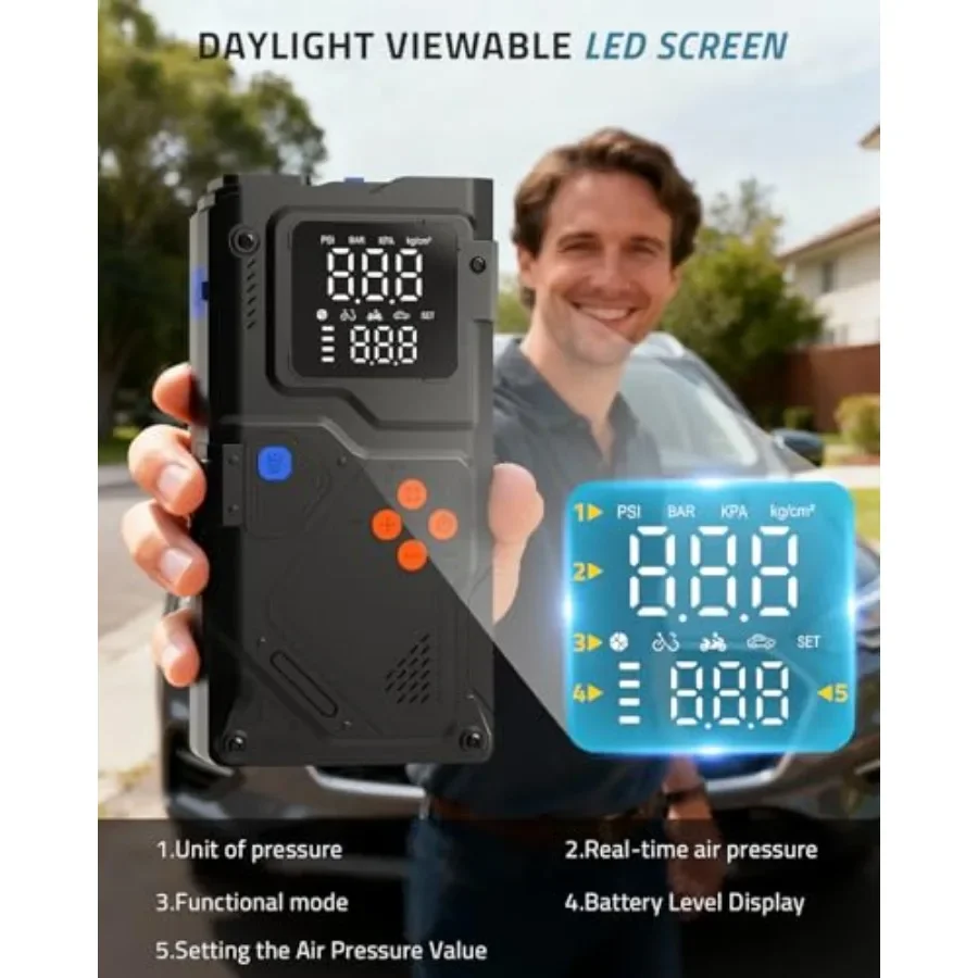 Portable Jump Starter with Air Compressor 150PSI and 6000A Peak Current for All Gas and 10L Diesel Vehicles Includes Ti