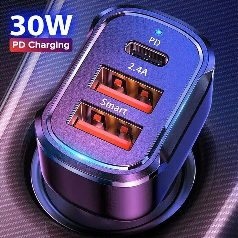 3in1 USB PD 30W Type-C Car Charger 2.4A Fast Charge Adapter For IPhone 13 12 11 Pro Max IPad Car Charger