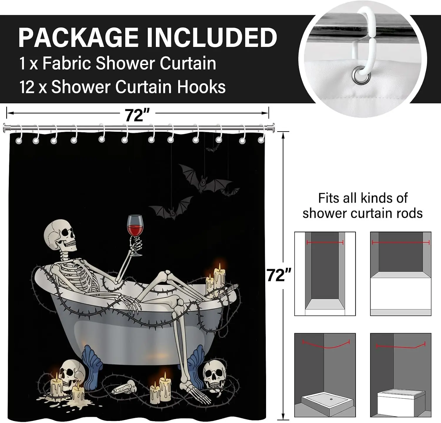 Gothic Skeleton Shower Curtain Spooky Halloween Bath Decor Skull Bat Haunted Vampire Bathroom Waterproof Curtains for Unique
