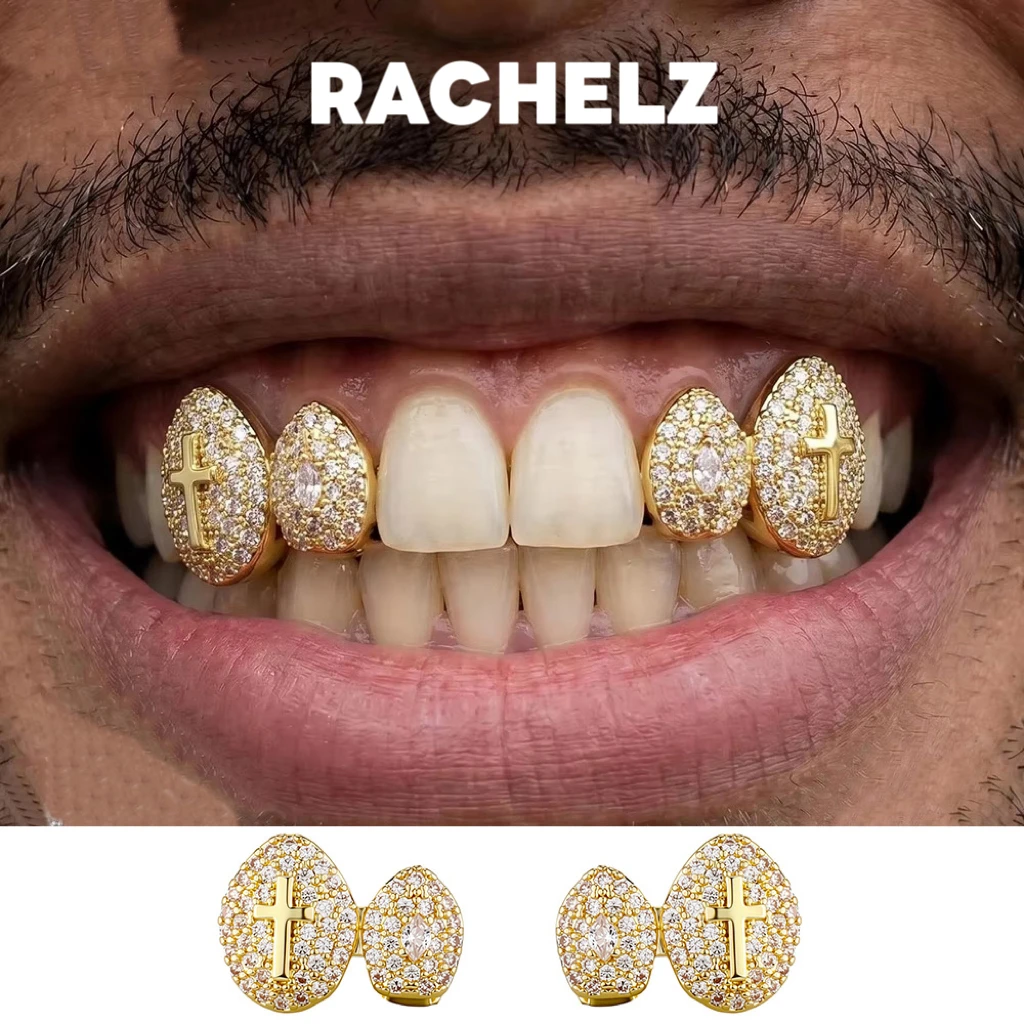 RACHELZ Hip Hop Double Cross Zircon Grillz Set Vintage Full Iced CZ Stone Tooth Caps For Men Women Jewelry Gift