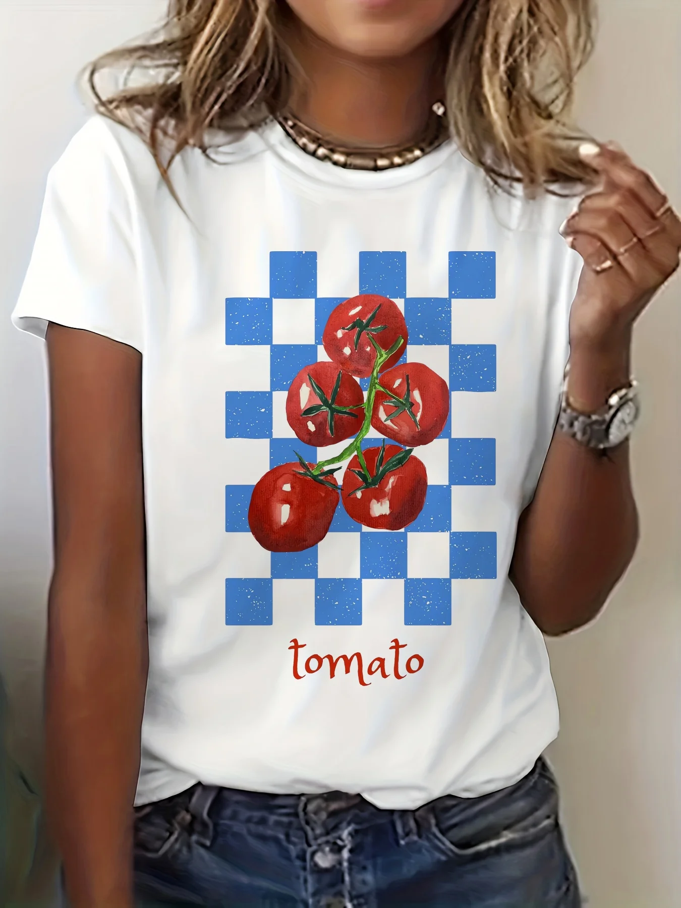 

Women'S Tomato Art Graphic Casual Crew Neck Sleeve Top with Vibrant Tomato Print Summer Sleeved Harajuku Streetwear Tops Tees