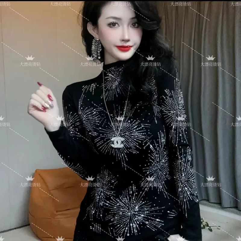 Women Korean Fashion Half High Collar Rhinestone Thick Basic T-shirt Autumn Winter Black Elegant Long Sleeve Slim Pullover Tops