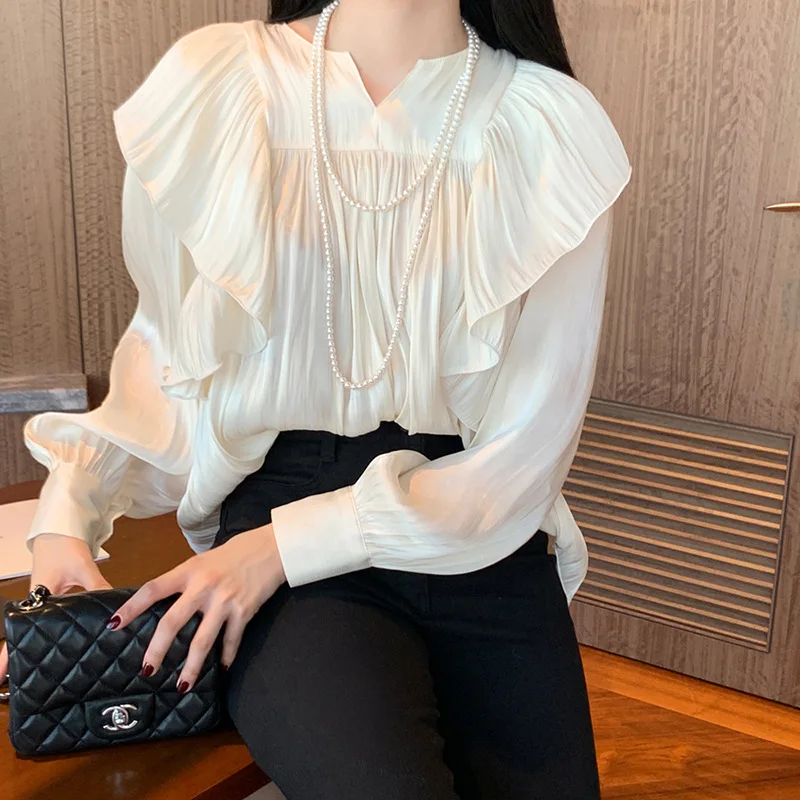 Ruffled Long Sleeve Women Blouse Office Lady Lantern Sleeve Elegant Tops Fashion New Loose Casual Shirt