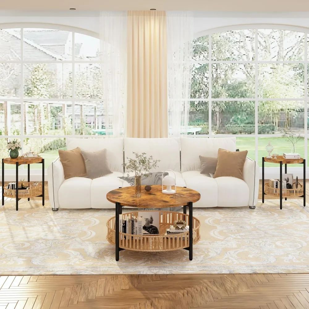 Boho Chic 3-Piece Coffee Table Set for Living Room with Rattan Shelf and Metal Frame, Round Tables