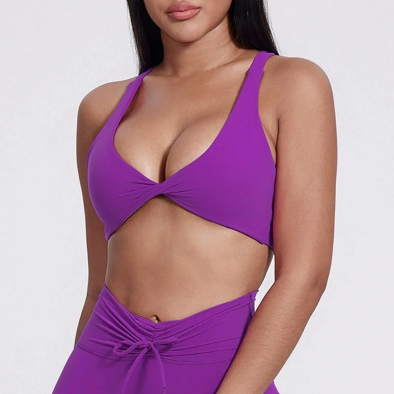 Sexy soft tight Front folds solid color Women cross back Fitness sports Bra Beautiful back with Chest Pad Comprehensive Training