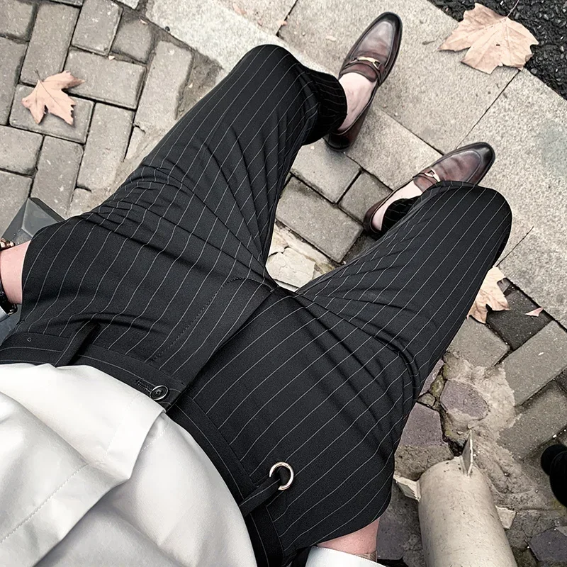 Men Black Striped Suit Pants 2024 Spring New Formal Dress Pants Stretch Slim Straight Boutique Trousers Fashion Men\'s Clothing