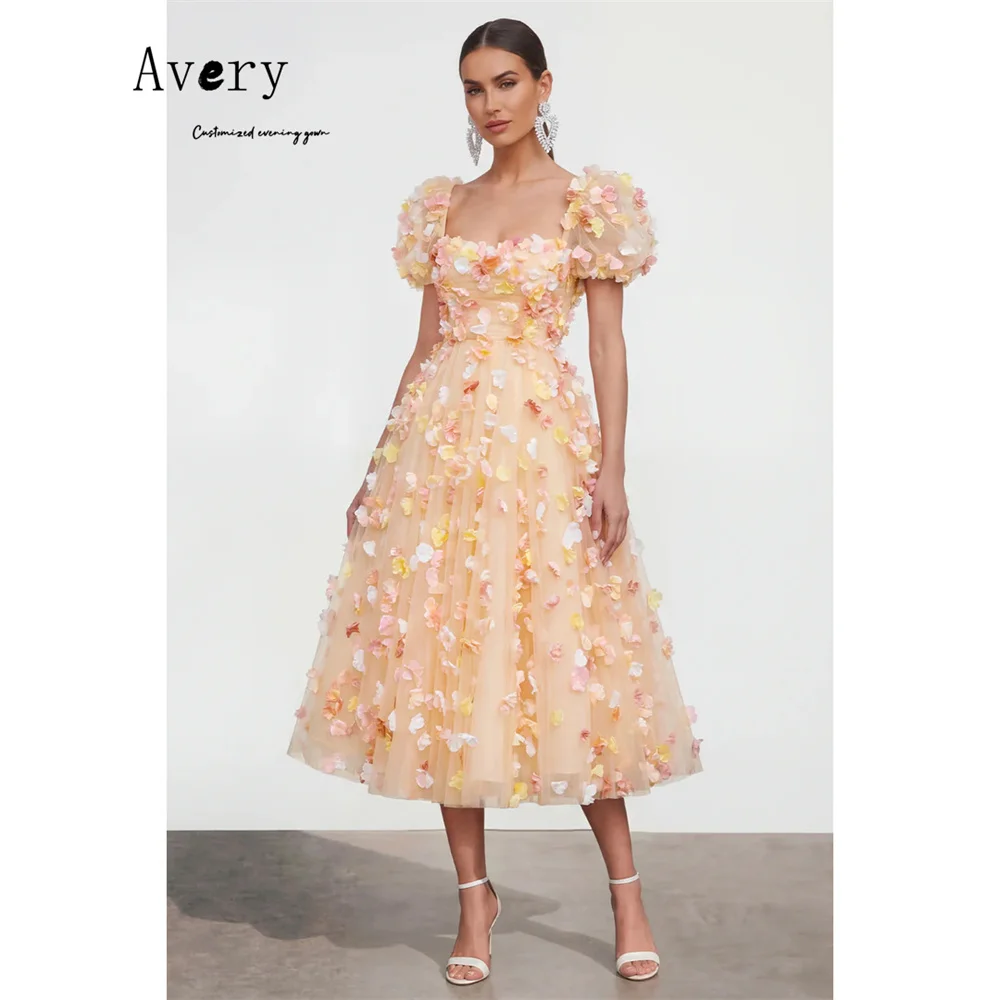 

Avery Custom A Line Beige Square Neck Short Sleeve Elegant Dresses for Women Long Party Prom Dresses 2026 Luxury Prom Gala Dress