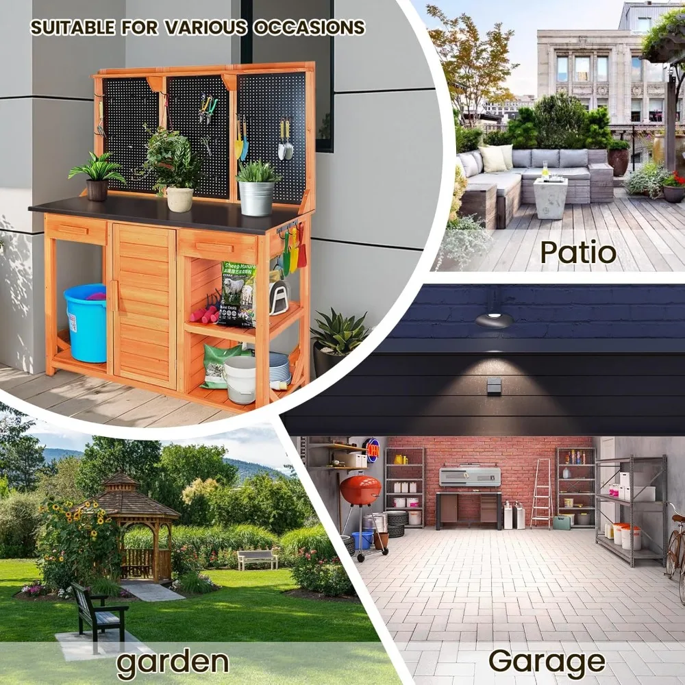 Outdoor Garden Potting Bench, Horticultural Wooden Workstation Table with Storage Drawer, Cabinet, Metal Pegboard, Customized