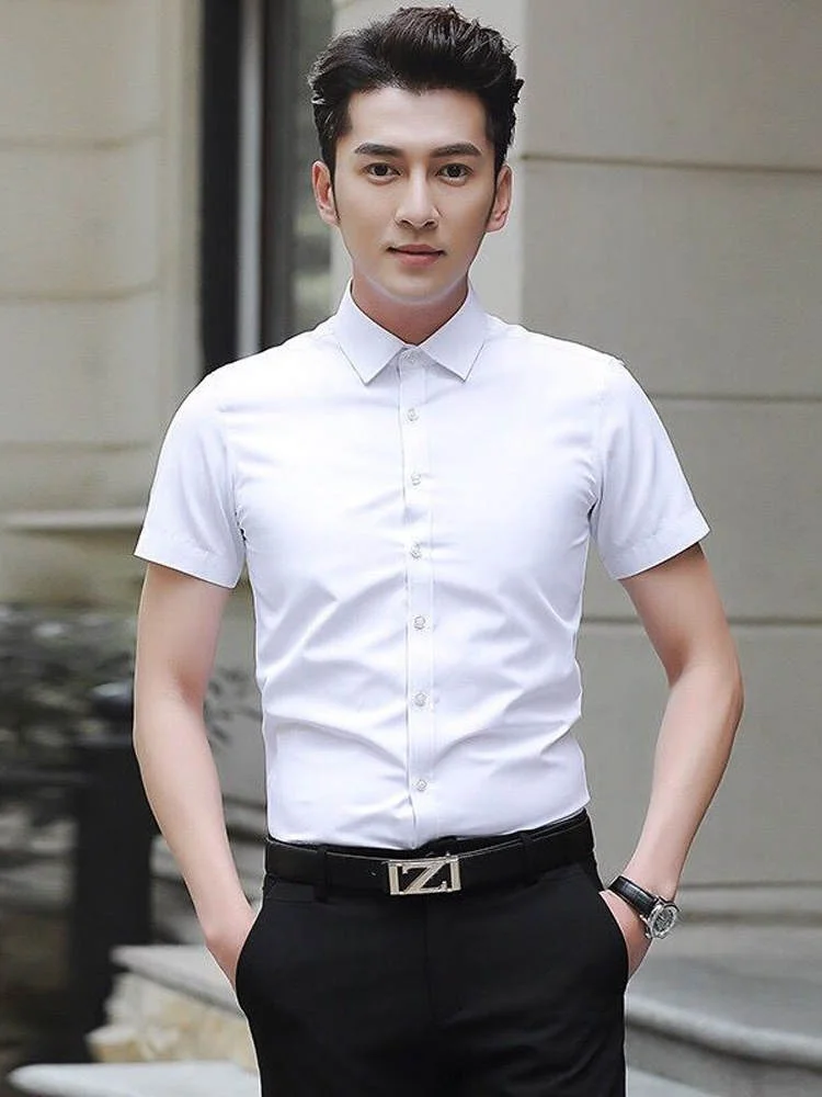 

Slim Fit Short Sleeve White Shirt for Men Business Casual Thin Summer Workwear Youth Commute Regular Length Button Closure
