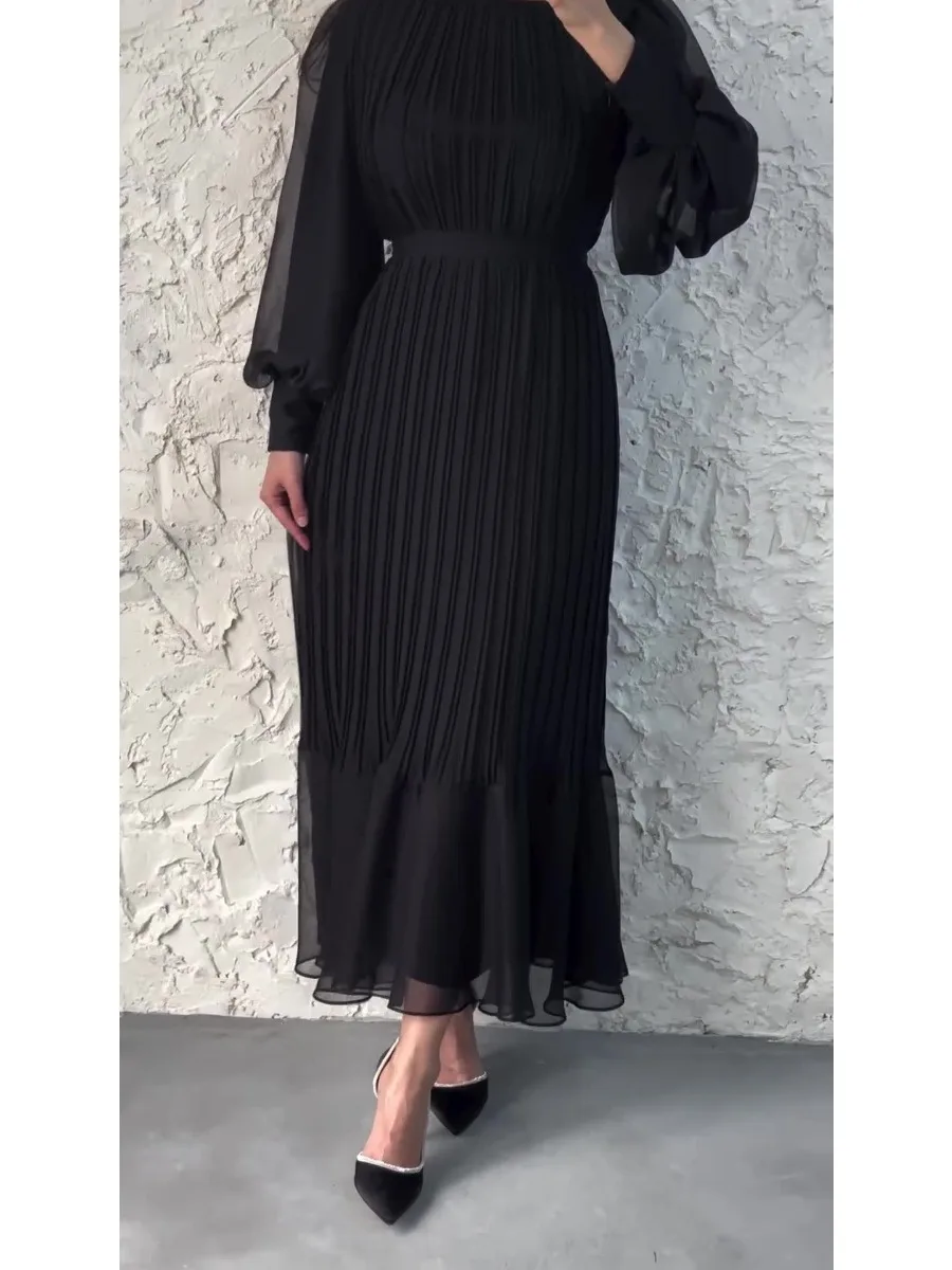 Eid Muslim Dress for Women Sweet Pleated Long Dresses Abaya Party Ramadan Lace-up Vestidos Largo Islam Dubai Arab Long Robe 2024