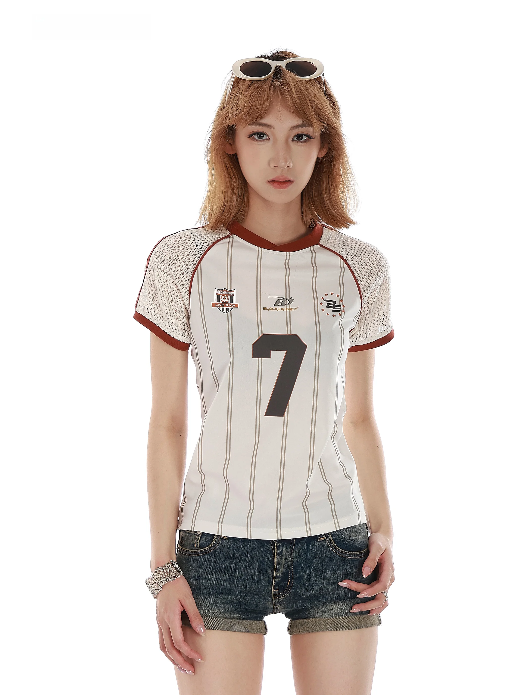 

Vinmuk American Spliced Stripe Shoulder Sport Ball Shirt Short Sleeve T-Shirt Women Summer Hot Girl Short Waist in T-Shirt