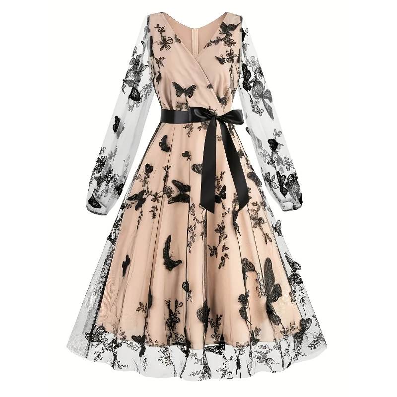 Women's Summer Butterfly Embroidery Long-Sleeved Boho Dress Spring Autumn Floral Robe Retro Casual Vintage Maxi Dresses Vestidos