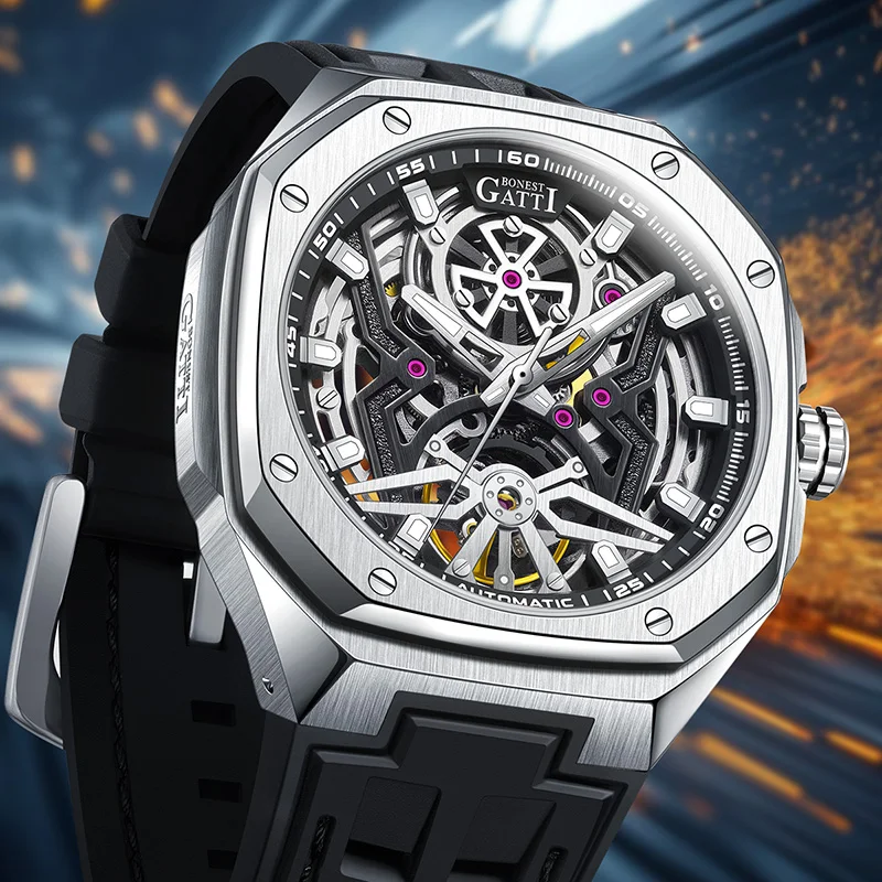 BONEST GATTI Men's Fashion Sport Tonneau-shaped Watch Stainless Steel Case Luxury Automatic Movement Wristwatch Skeleton Watches