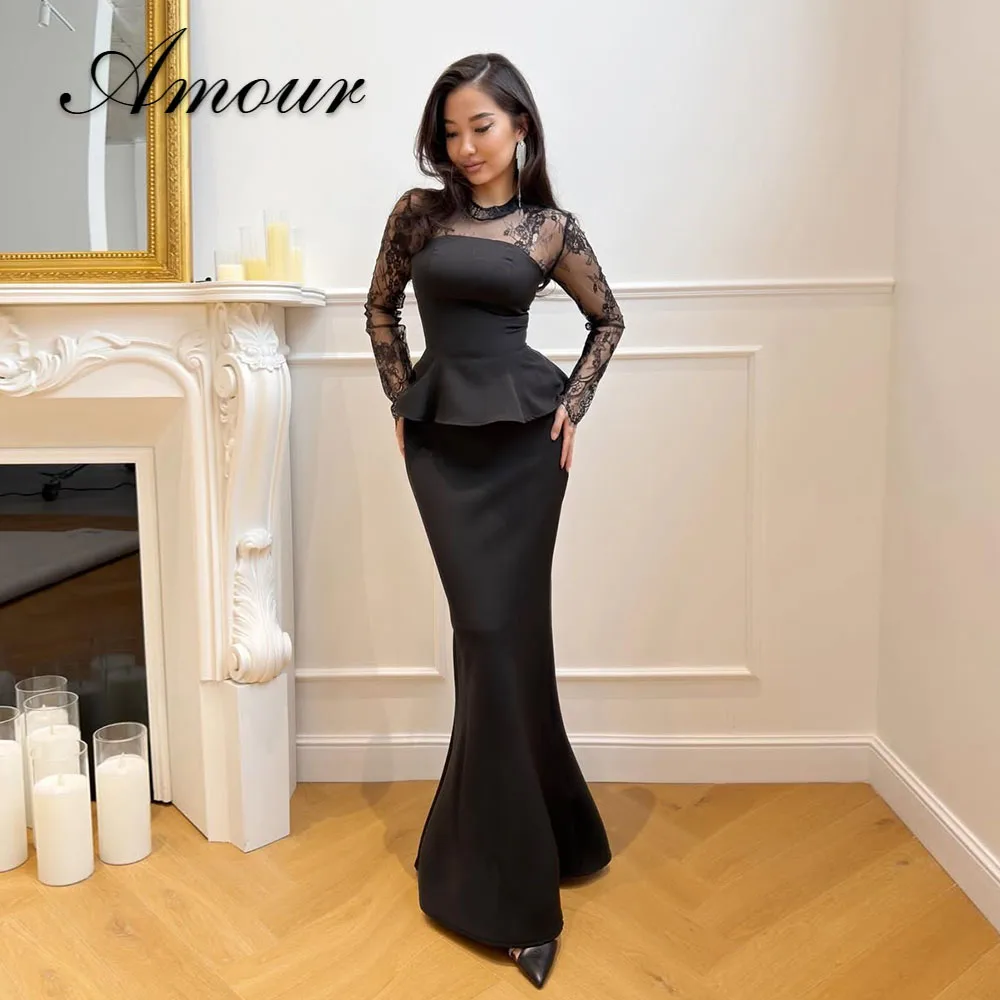 Amour Customized Black Evening Dresses Wedding Elegant Woman Dress Mermaid Long Sleeves Embroidered Lace Formal Occasion Dresses