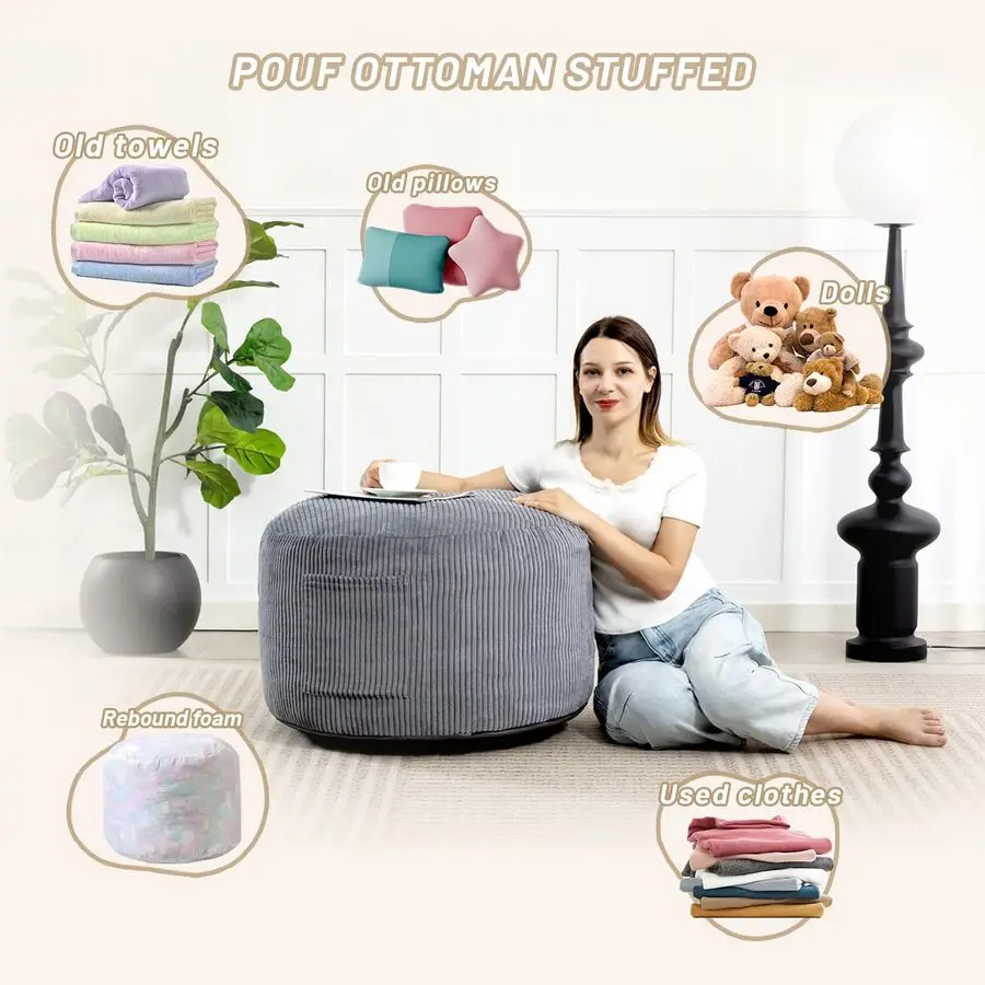 

Round Stuffed Pouf Ottoman,Corduroy Foot Rest with Rebound Foam Filled, Furry and Fluffy Foot Stool Ottoman, Floor Poufs for Liv