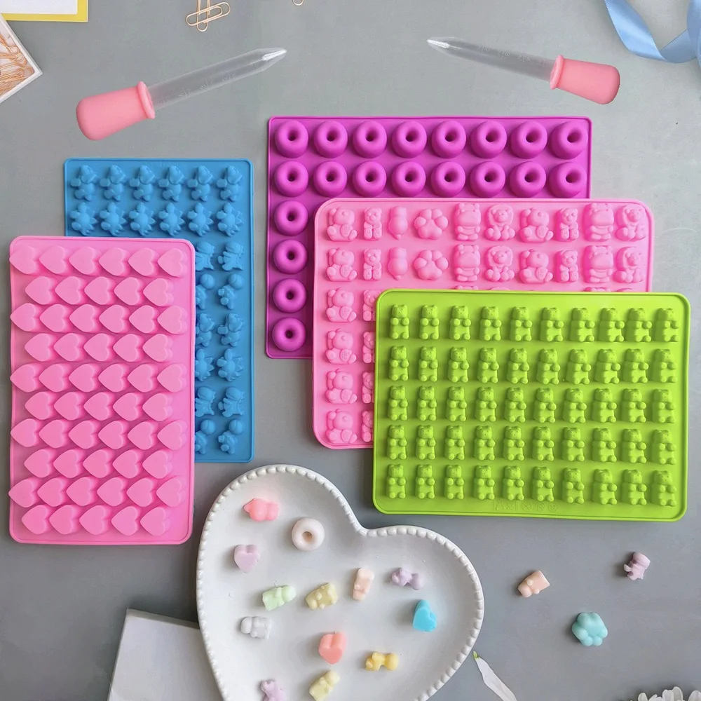 Juego de 7 moldes de silicona para caramelos con 2 cuentagotas, moldes para gomitas, bandejas para gelatina, juego de moldes DIY, molde reutilizable para hornear caramelos, herramienta de cocina