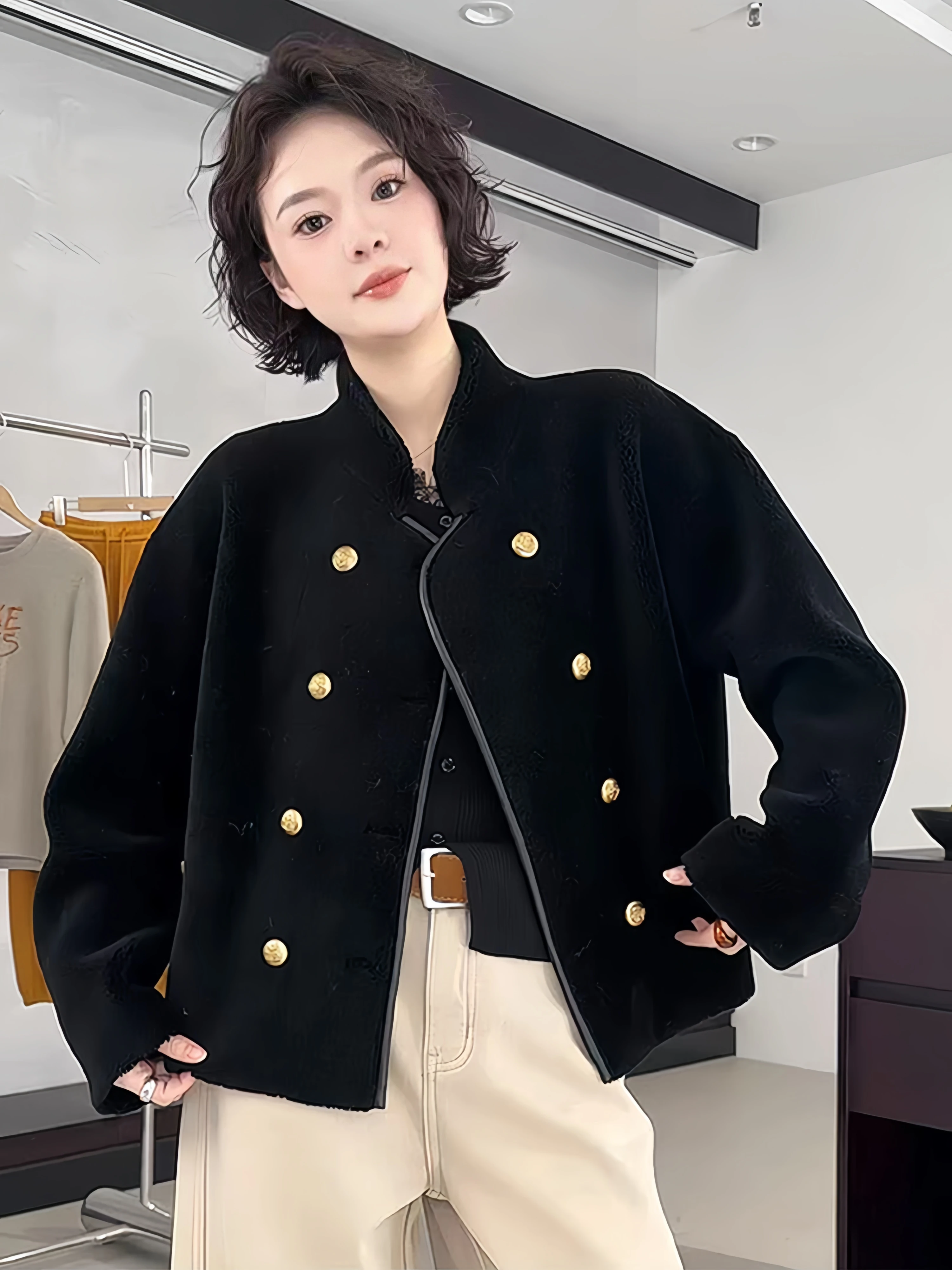 Elegant Black Double-Breasted Short Coat for Women plus Size Autumn Winter New Arrival Luxury Fashion Ladylike Style Breathable
