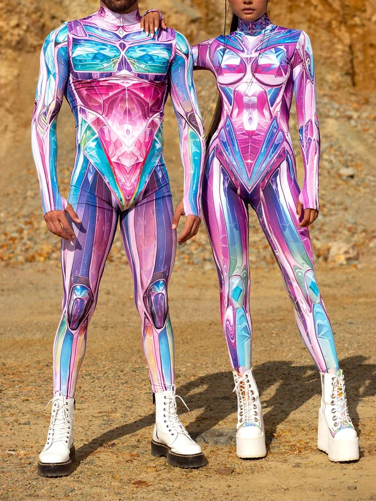 

Halloween Colorful Cosplay Bodysuit Candy Unisex Jumpsuit Robot Print Punk Zentai Suit Festival Party Couple Zipper Art Costumes