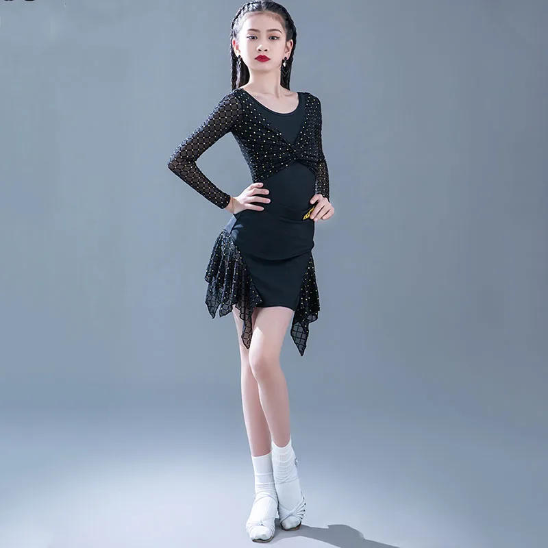 

New Girls Latin Dance Dress Black Long Sleeve Irregular Hemline Top Skirt Split Suit Rumba Practice Competition Clothes DQL8958