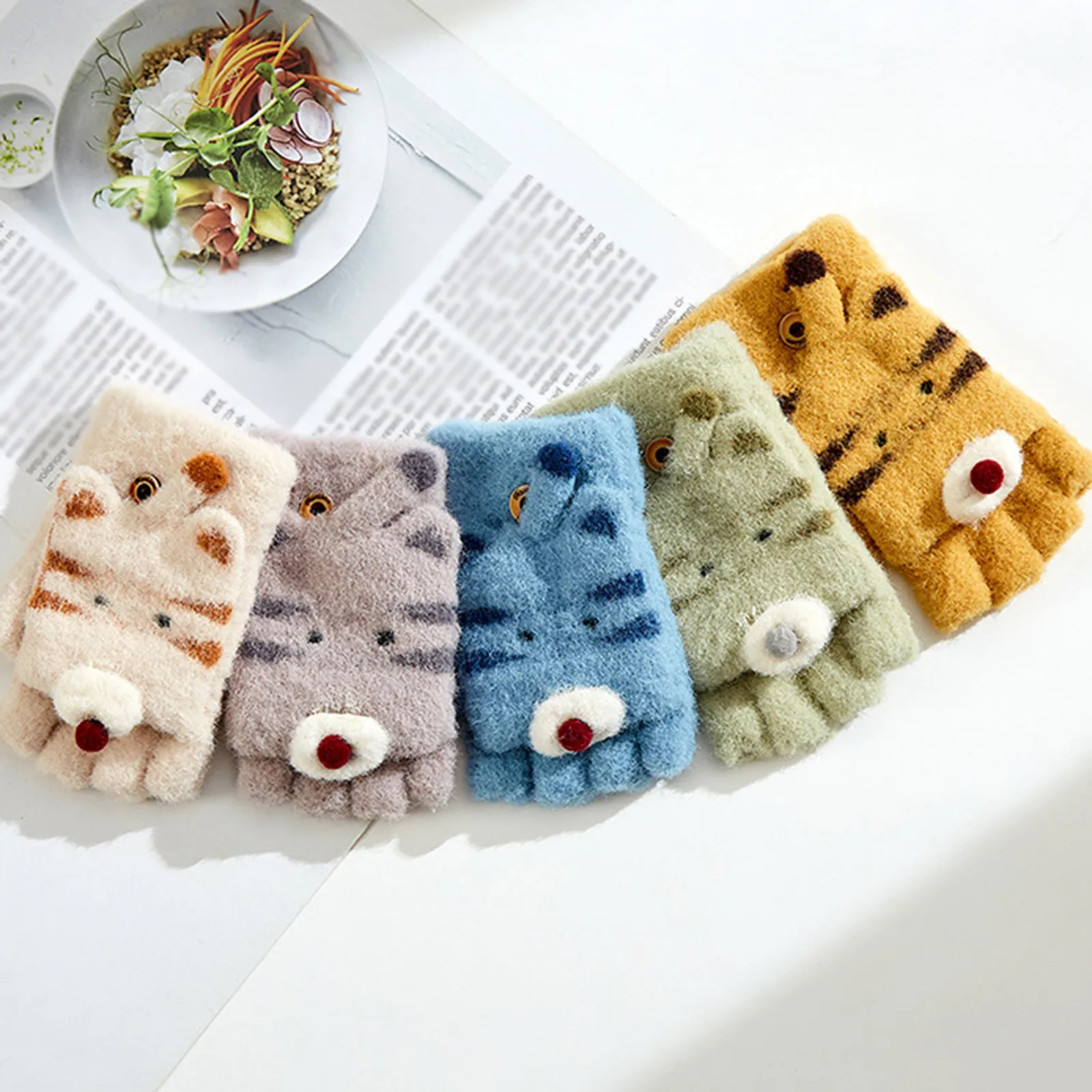 

Теплые перчатки для малышей, зимние детские перчатки без пальцев с рисунком милого маленького тигра для мальчиков шапка детская