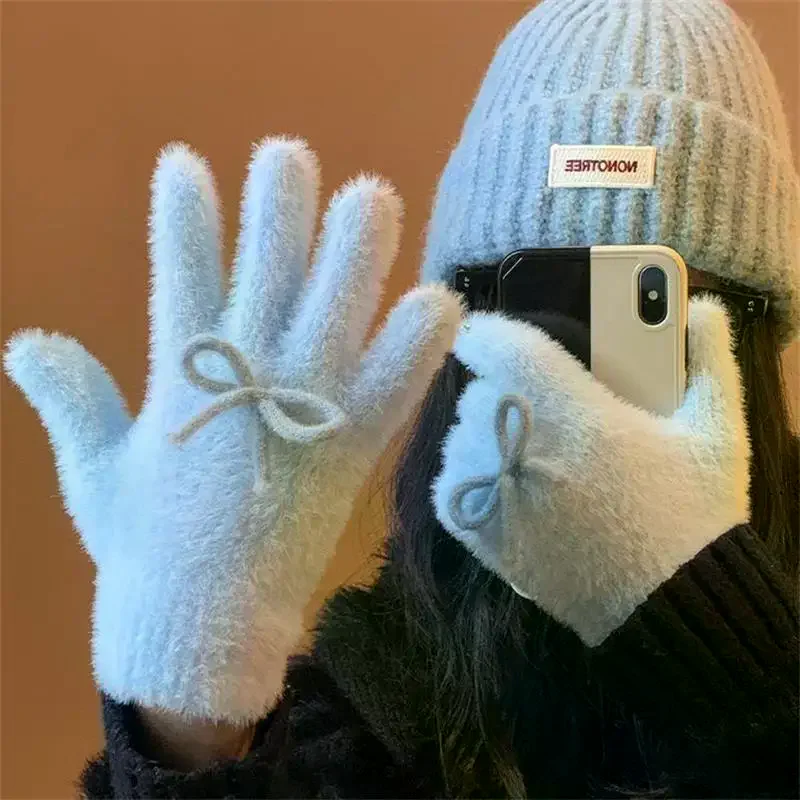 لطيف الحلو القوس قفازات قطيفة قفازات مقاومة للبرودة طالب شتاء دافئ خمسة أصابع قفازات النساء الإكسسوارات هدايا عيد الميلاد