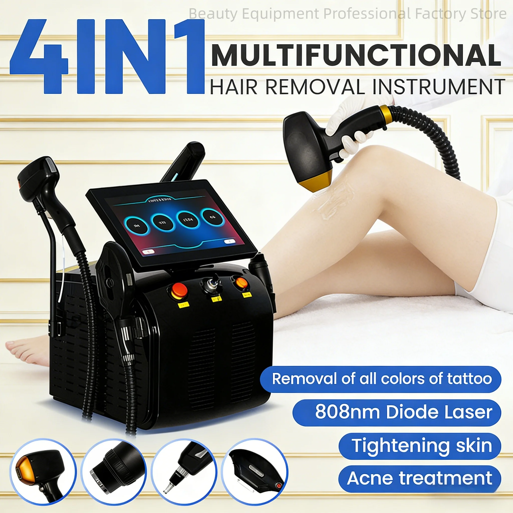 

4-in-1 4500W Soprano Titanium Ice Platinum Diode 755 808 940 1064nm Laser ND:YAG Tattoo Removal and Hair Removal Machine