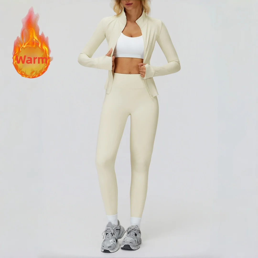 

Ветрозащитный теплый флисовый комплект для йоги, спортивные повседневные брюки для фитнеса, комплект на молнии с длинными рукавами, одежда для тренировок на открытом воздухе, спортивный костюм для спортзала