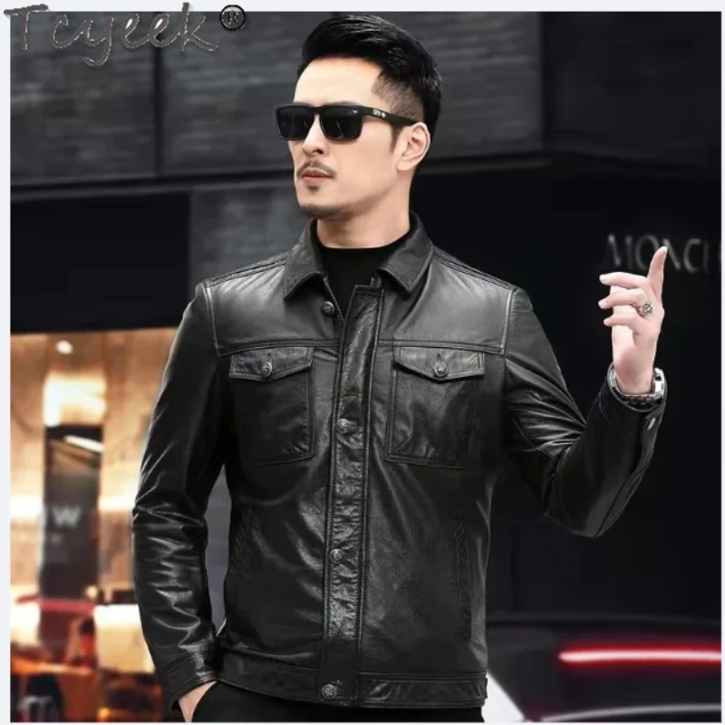 Tcyeek Genuine Leather Jacket Men Motocycle Jackets Top Layer Cowhide Coats Autumn Mens Clothes New Leather Coat Jaqueta Couro