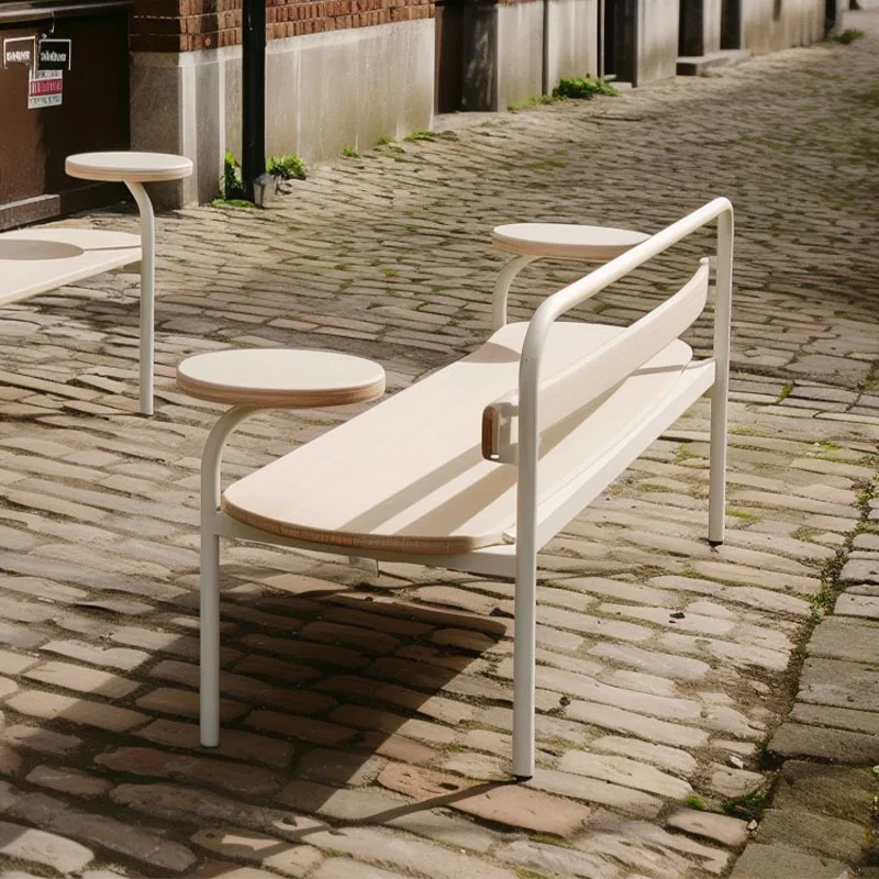 Outdoor Metal Frame Bench with Side Table, Weatherproof Leisure Seat for Park, Street, Commercial Landscape Decor