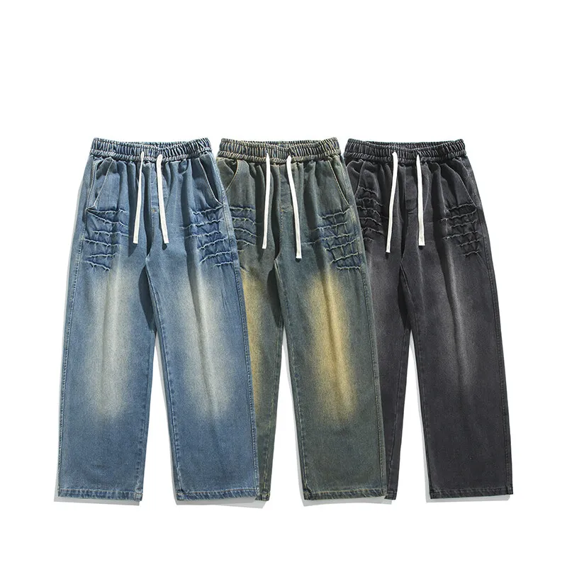 Lightning Design Jeans American Vintage Men's Denim Pants Tide Design Loose Elastic Waist Straight Pants