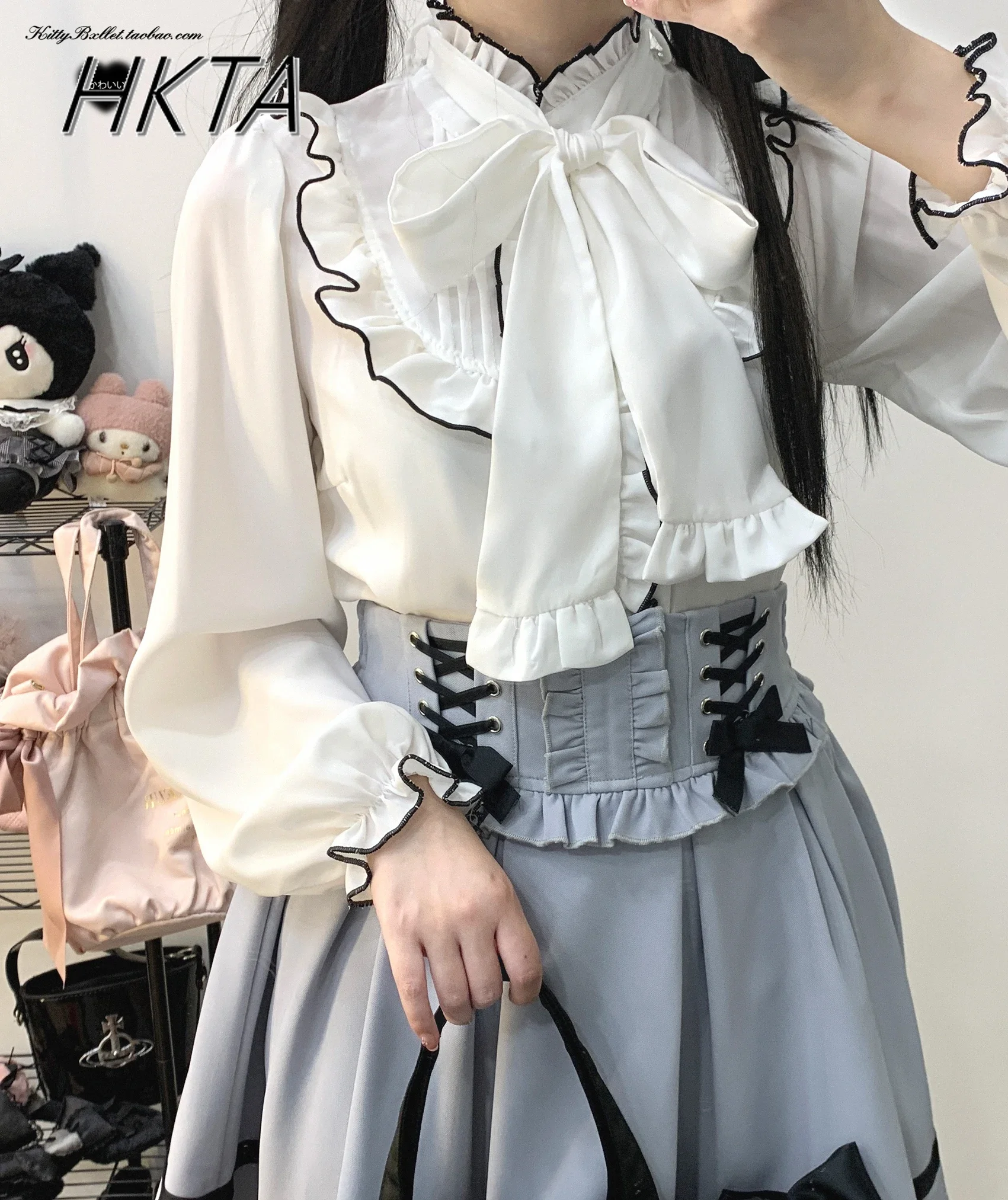 Japanese Lolita Women's shirt blouse Stand Collar Strap Heart Buckle Mine Long-sleeved Shirts Solid Color Lace-up Bow Girls Tops