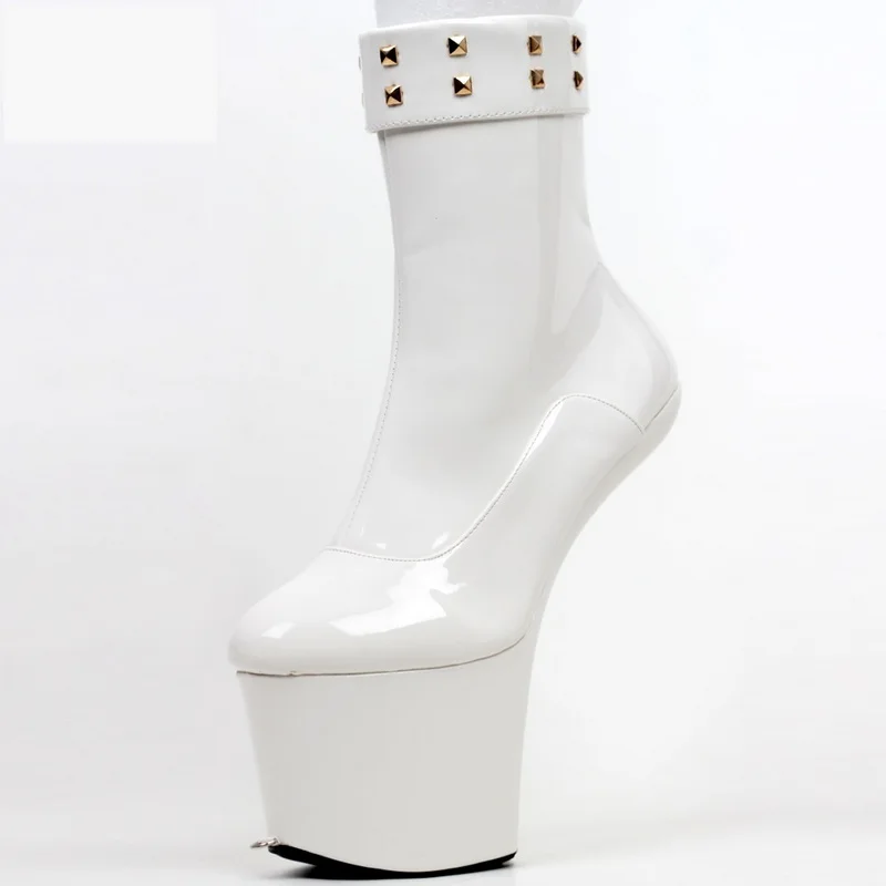 FHC Women Fetish Chain Lock Boots,Platforms High Heels Ankle Botas,Men Pole Dance Cosplay Shoes,Stage Show,Ponyplay,20cm,White,