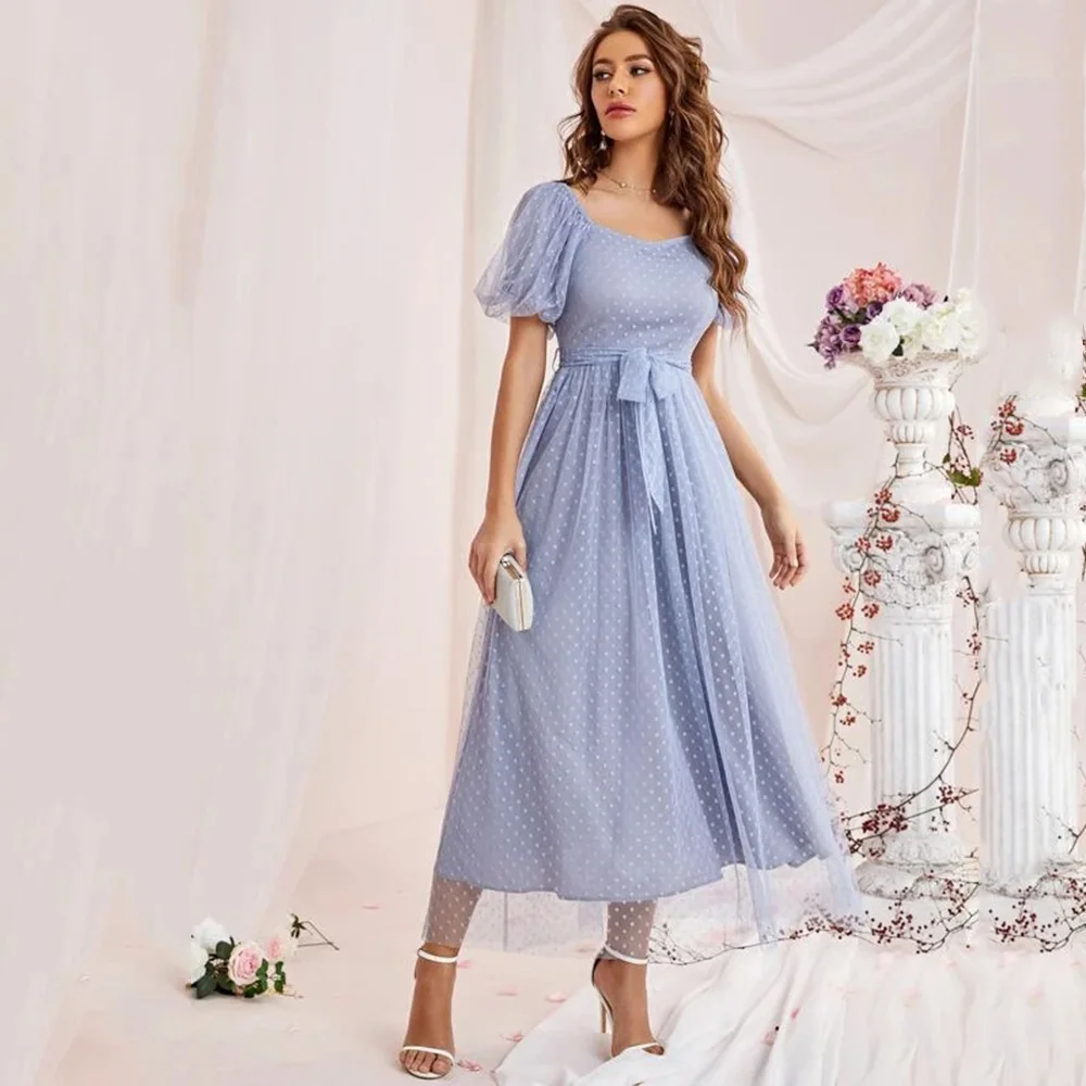 

2023 Newest Blue Summer Evening Dresses A-Line Square Collar Tea-Length Tulle With Dots Short Sleeves Women's Prom Party Gowns