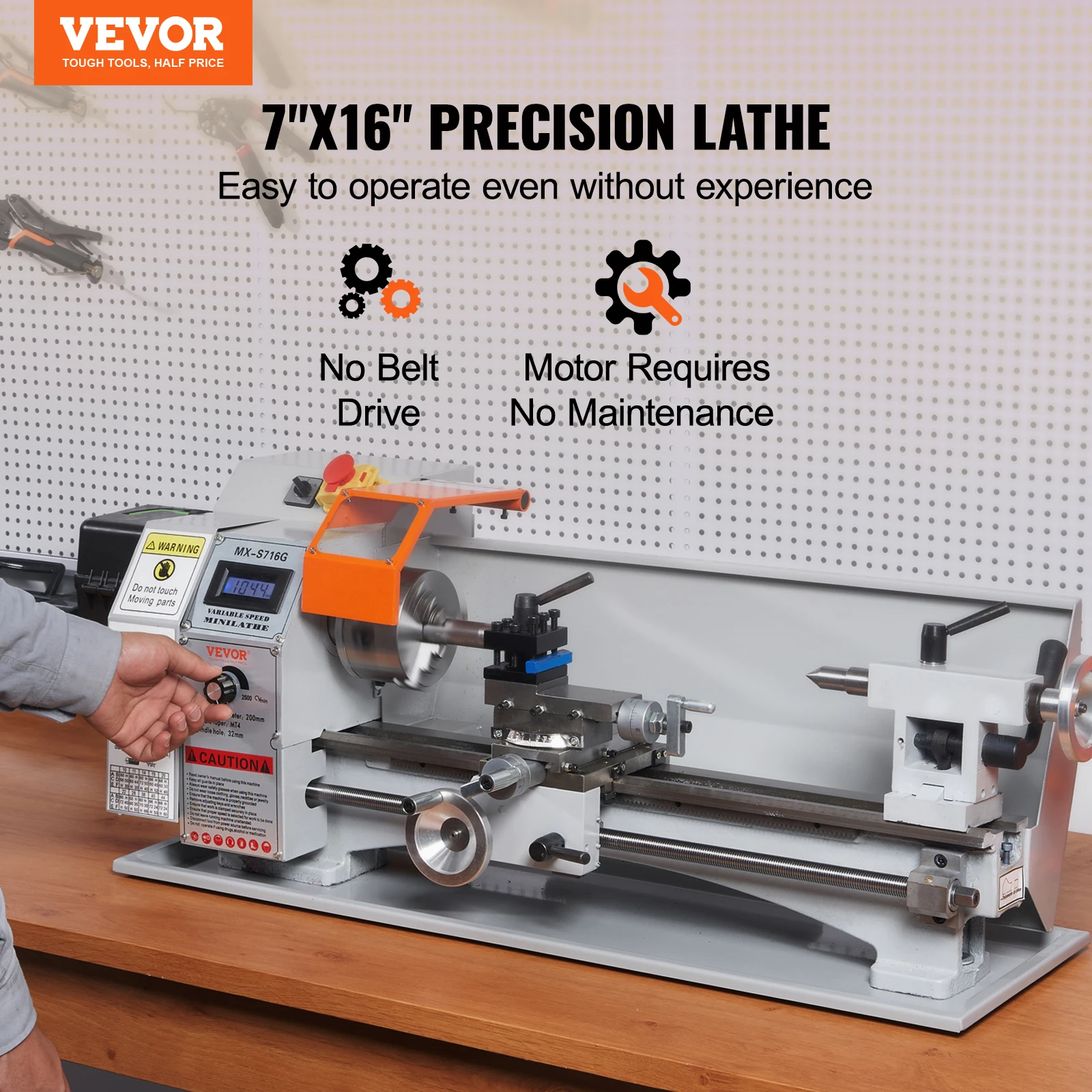 VEVOR Mini Metal Lathe Machine 7x16'' 800W Benchtop Power Metal Lathe 150-2500 RPM Variable Speed for Processing Precision Parts