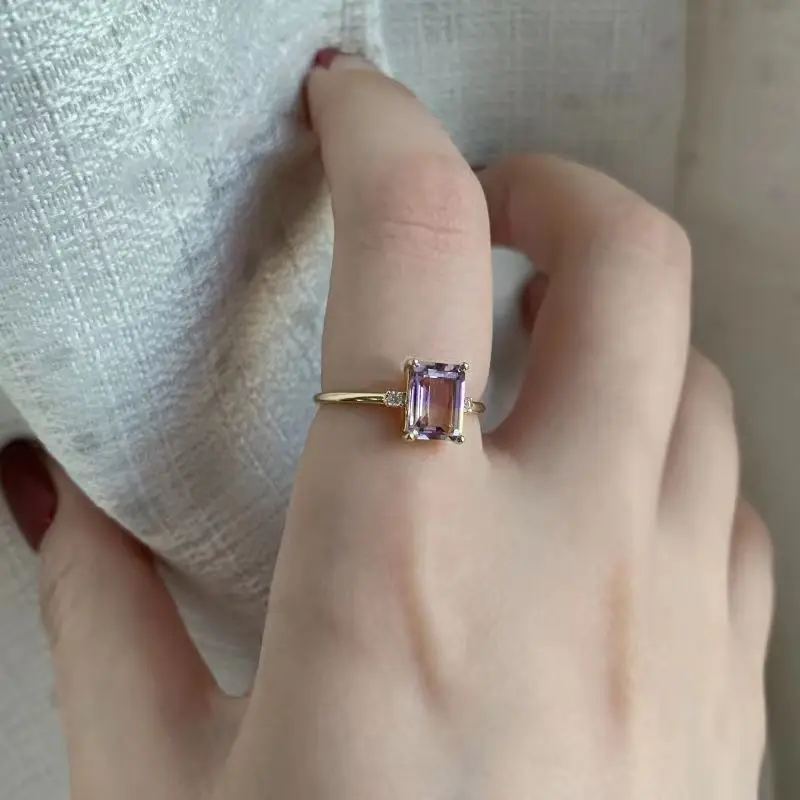 Original Design Silver Inlaid Rectangular Amethyst Rings For Women Adjustable Simple Vintage Fashion Wedding Jewelry Gift