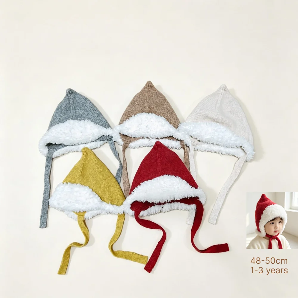 Kids Winter Hat 48-50cm 1-3Y Girls Boys Cold Proof Hats Thick Earflap Beanie with Star Pattern Windproof Warm Knitted Elf Cap