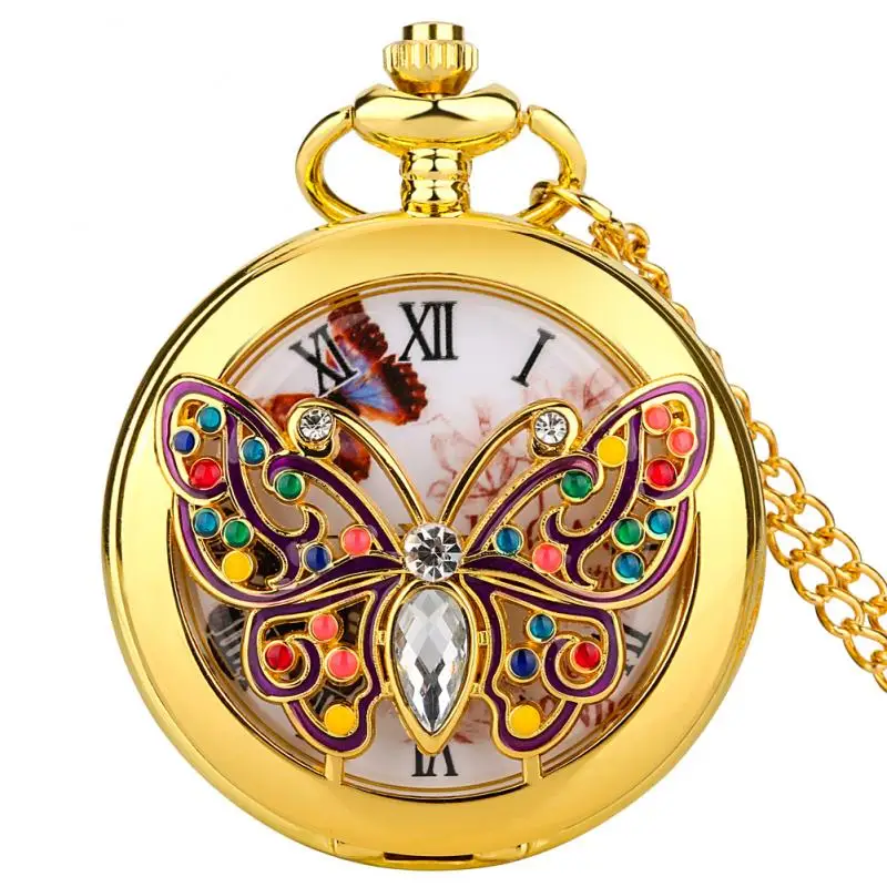 

New Charming Gold Butterfly Crystal Diamond-encrusted Quartz Pocket Watch Elegant Women Retro Pocket Chain Clock Pendant Chain