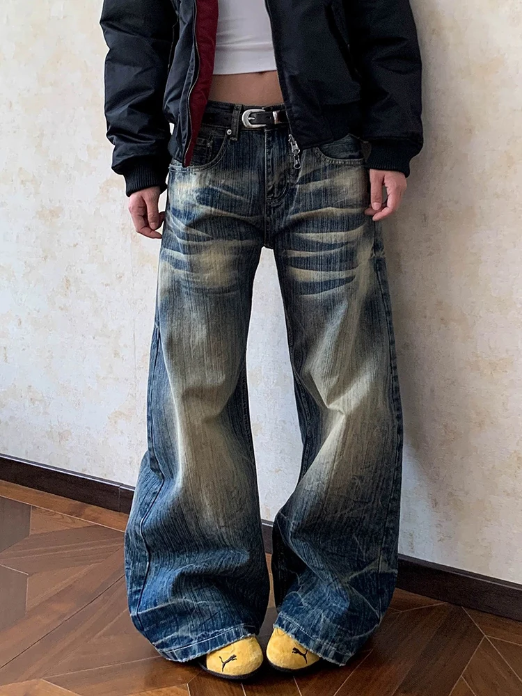 Y2K Lightning Jeans Donna Modello lavato americano Pantaloni larghi a gamba larga con coltello curvo Pantaloni da strada robusti a gamba dritta