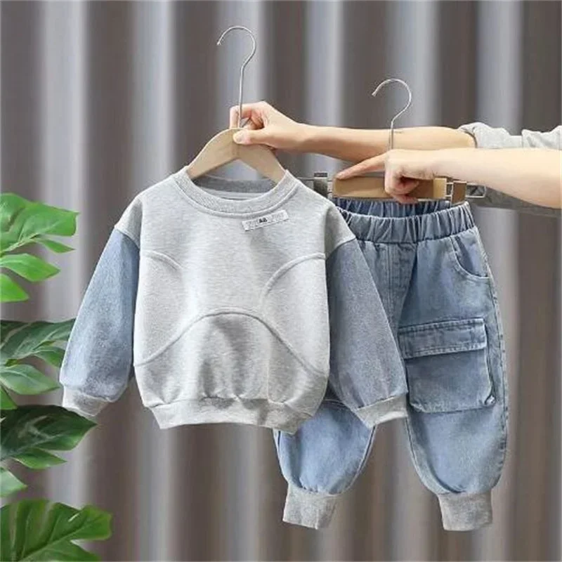

Baby boy clothes set light blue solid color street fried cowboy two-piece fashion long sleeve+denim sweatpants clothes.