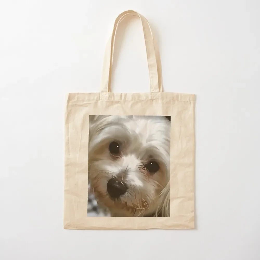 Cute Long Haired White Dog Art Portrait Tote Bag Custom bag canvas shopping bag