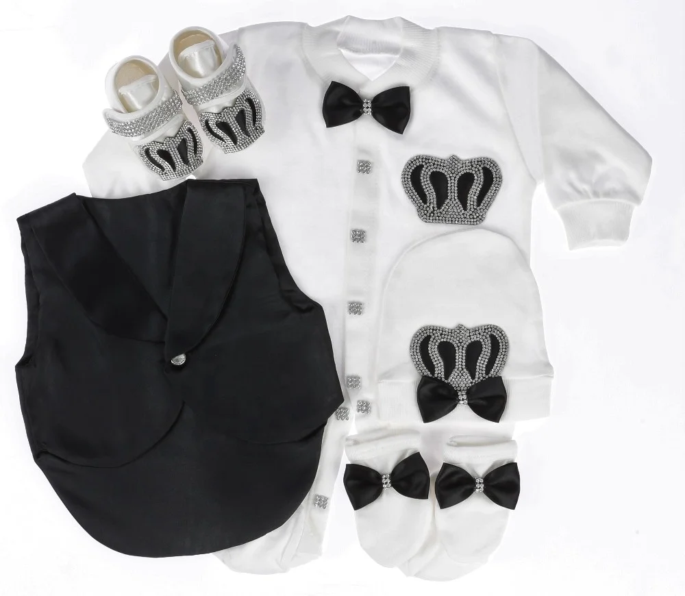 Dollbling 5 Pcs Vested Baby Romper Set Crowned Black Custom Wholesale Newborn New Design Clothes Boy