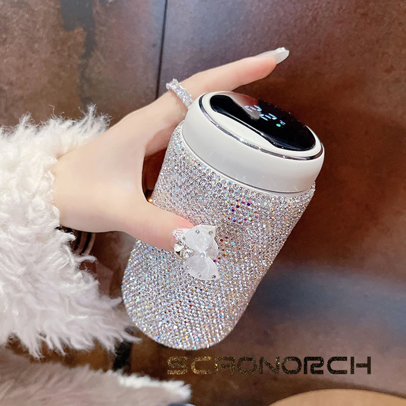 300ml Bling Rhinestones Coffee Cup Car Tumbler Vacuum Flasks Temperature Display Thermos Bottle Stainless Steel Water Bottle