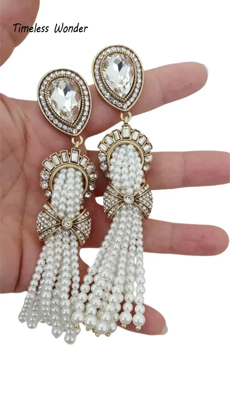 Timeless Wonder Fancy Zircon Bowknot Beaded Tassel Clip on Earrings for Women Designer Jewelry Runway Goth Rare Gift Cute 5155