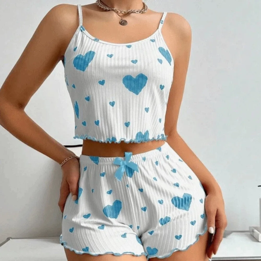 

Удобный женский пижамный комплект с сердечками, домашняя одежда, летний комплект из двух предметов, ночная сорочка с бантом, шорты и майка, весна/лето