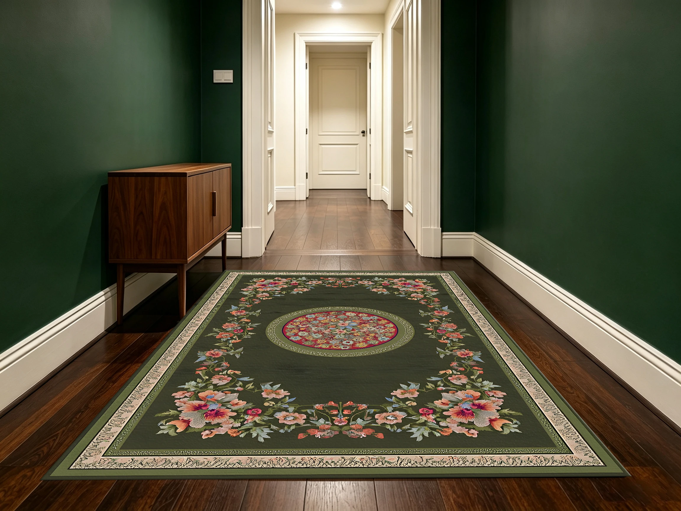 2D Carpet with Dark Green Rosette Border Floral Pattern in European Retro Style for Living Room, Bedroom, and Coffee Table Area