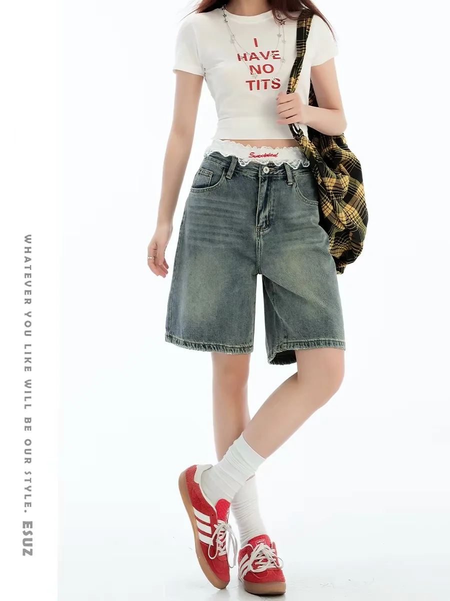 

Girls Loose Fit Straight Leg Short Jeans Blue Summer Thin Five Pocket High Waist Casual High Quality Chinese Made Denim Shorts