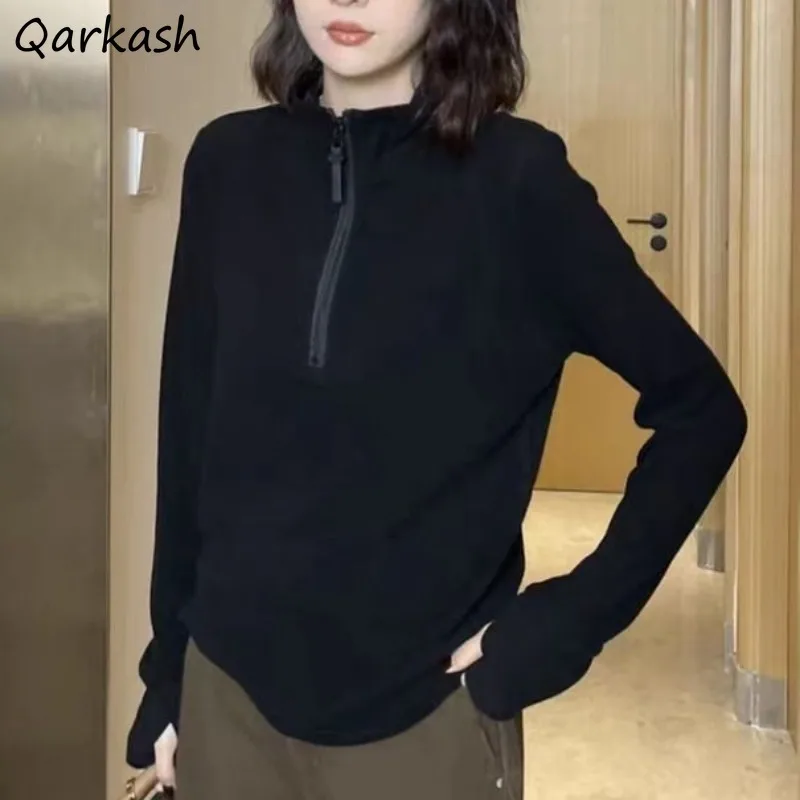 

Korean Style Sweatshirts Women Long Sleeve Plus Velvet Autumn Winter All-match Stand Collar Half Zipper Design Fashion Students