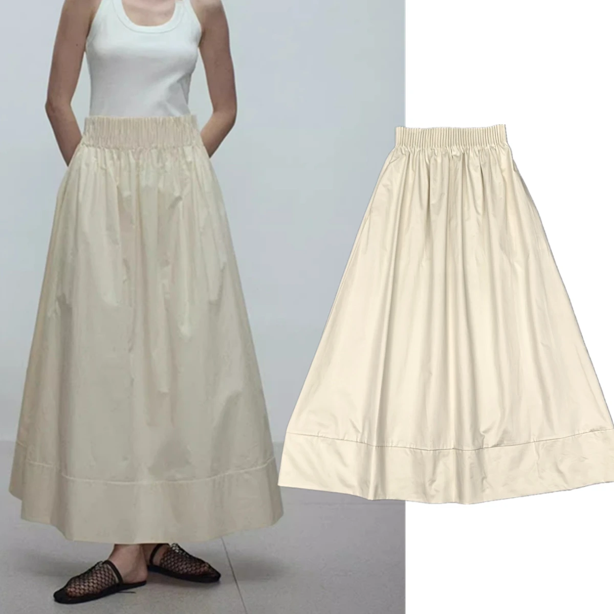 

Withered Minimalist Pure Cotton Elastic Waist Maxi Skirt 2025 High Waist Loose Skirts Womens Vintage Elegant A-line Skirt