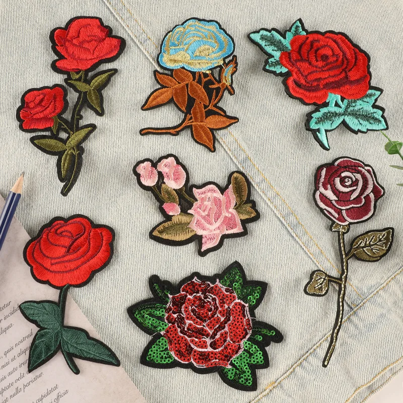 Computer Emboridery Self-Adhesive Rose Flower Embroidery Patch, Clothing Shoe Accessory, Personality Emblem, Cloth Sticker, DIY